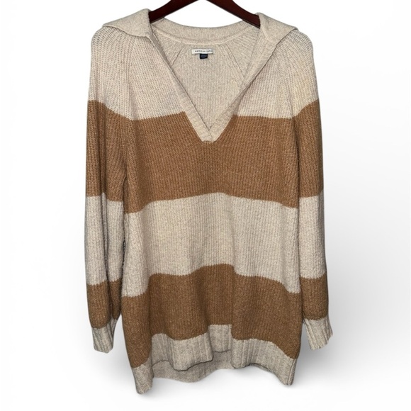 American Eagle Outfitters Sweaters - American Eagle Striped V-Neck Sweater - Cream and Brown Size Medium